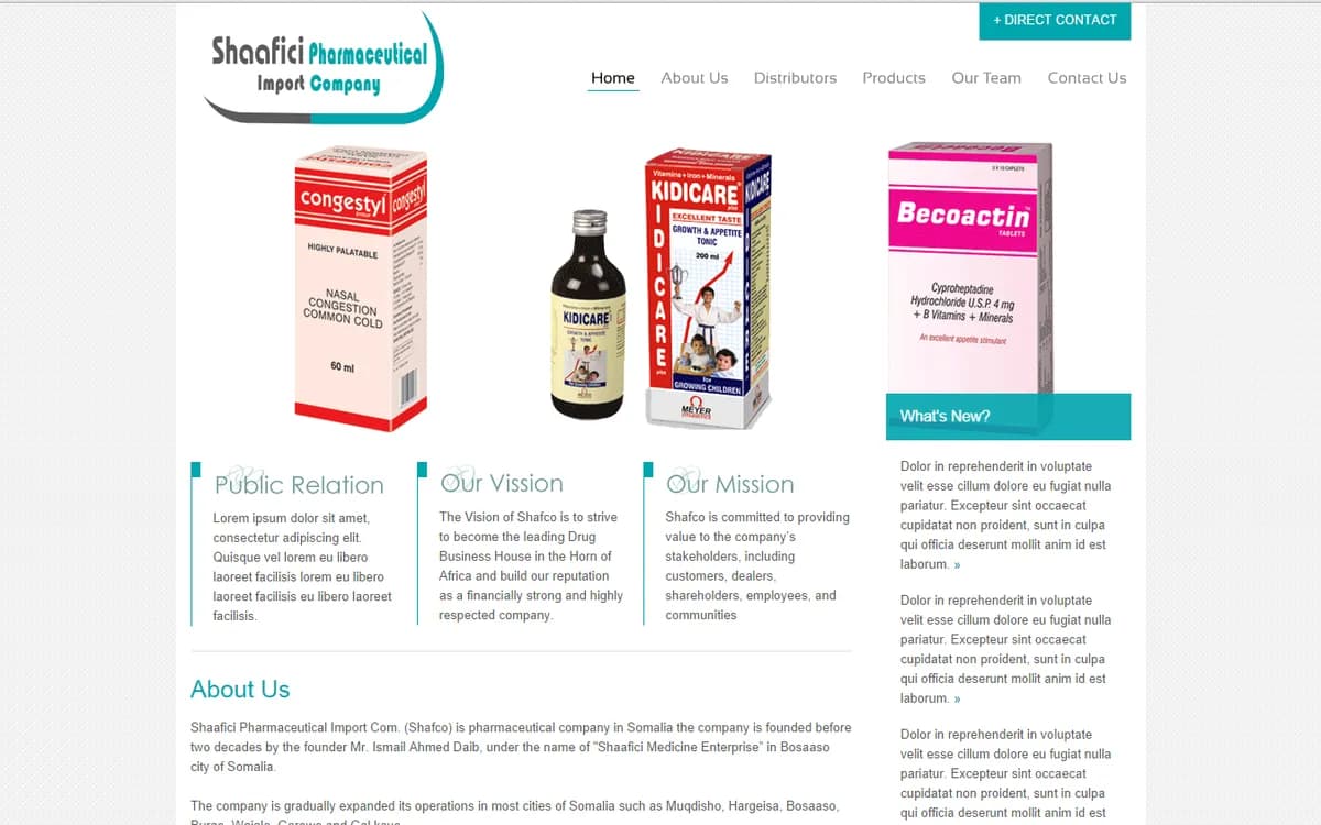 Shaafici Pharmaceutical Import Company website designed and developed by AHL Technologies (Hargeisa, Somalia)